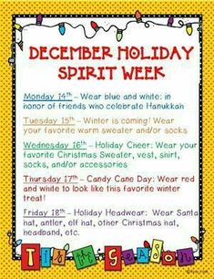 a poster with the words december holiday spirit week written in colorful letters on yellow background