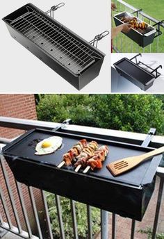 an outdoor bbq grill with tongs on the side and other pictures of it