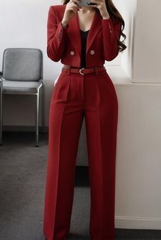 Women Red Suit, Red Suit For Woman, Two Piece Suits For Women, Colorful Suit Women, Hot Suits Women, Business Office Outfits Women, Formal Sets For Women, Tailored Long Sleeve Two-piece Set, Tailored Two-piece Long Sleeve Set