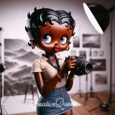 an animated doll holding a camera in front of a photo studio