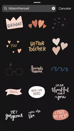 some stickers that are on the back of a cell phone with words and hearts