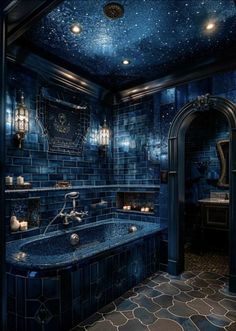 Night Sky Bathroom Ideas, Night Themed Bathroom, Black Bathroom Ceiling Ideas, Starry Bathroom Ideas, Celestial Bathroom Ideas, Colored Ceiling Bathroom, Night Sky Bathroom, Deep Sea Bathroom, Galaxy Bathroom