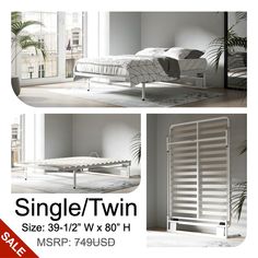 the single / twin bed frame is shown in three different angles and sizes, along with an additional mattress