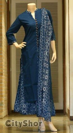 Buy Indigo fabric https://www.etsy.com/in-en/shop/Indianlacesandfabric?ref=hdr_shop_menu&section_id=17134451 Indigo Kurti Designs, Indigo Fabric, Kurti Neck Designs