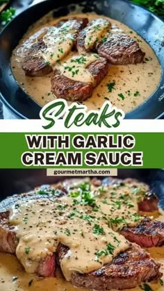 steaks with garlic cream sauce in a skillet