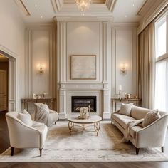 Wainscoting Great Room, Classic House Design Inside, Classical Furniture Design, Classic Elegant Interior Design, French Crown Molding, Modern Classic Fireplace, Colonial Chic Living Room, Molding Around Fireplace, Living Room Molding Ideas