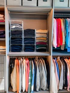 an organized closet filled with folded clothes