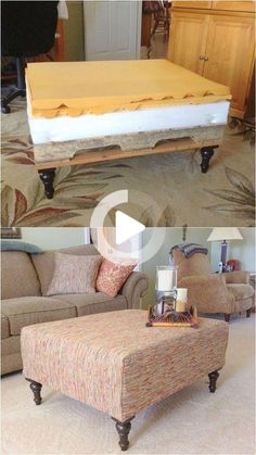 a couch and ottoman are shown in two different pictures, one is made from an old mattress