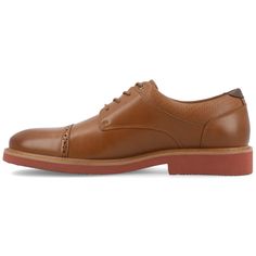 The Dexter derby shoe from Vance Co. seamlessly combines sophistication and comfort with its 1-inch block heel, lace-up closure, and classic round toe design. Crafted from faux leather this style offers a stylish and versatile option. The mesh lining, 6 mm Tru Comfort Foam™ footbed, and rubber outer sole ensure breathability and cushioned support, making the Dexter a well-rounded choice for various occasions. Brown Oxfords With Perforated Toe Box For Work, Derby Oxford Shoes With Rubber Heel Cap For Work, Brown Cap Toe Lace-up Shoes For Derby, Classic Cap Toe Lace-up Shoes For Spring, Brown Dress Shoes With Rubber Heel Cap For Derby, Casual Brown Cap Toe Lace-up Shoes, Casual Derby With Leather Sole For Work, Spring Cap Toe Oxfords With Branded Insole, Brown Lace-up Shoes With Perforated Toe Box For Work