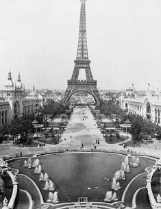 the eiffel tower is shown in this black and white photo