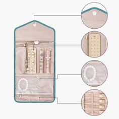 the contents of an open travel bag with pearls and pearls on it, including two zippered compartments