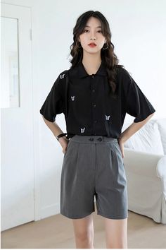 Butterfly Embroidered Button Up Shirt – Tomscloth Cute Button-up Shirt With Details, Casual Embroidered Collared Tops, Embroidered Tops With Relaxed Fit, Casual Collared Blouse With Floral Embroidery, Casual Collared Blouse With Embroidery, Casual Embroidered Collar Blouse, Black Embroidered Shirt For Spring, Casual Embroidered Collared Blouse, Casual Embroidered Collared Shirt