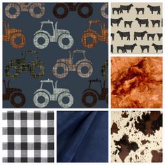 four different patterns of farm animals and tractors on blue, brown, white, and black fabric