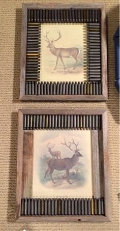 two framed deer pictures are hanging on the wall