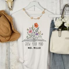 Vintage Floral Grow Your Mind Teacher T-Shirt Vintage Floral Art, Personalized Clothing, Personalized Clothes, Teacher Tshirts, Cool Tees, Teacher Shirts