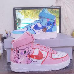 Custom Made To Order Footwear   - Authentic   - Brand New  - Free Worldwide Shipping   - High quality custom sneakers  - Original shoe box and accessories. - Best quality waterproof and scratch-proof paints used. Angel Custom, Lilo And Stitch Merchandise, ليلو وستيتش, Pink Stitch, Colorful Sneakers, Nike Shoes Girls, Preppy Shoes, Stitch Clothes, Air Force 1 Mid