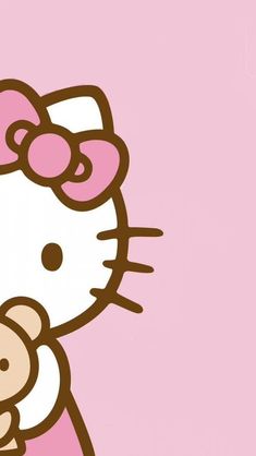 the hello kitty wallpaper is pink and has an image of a cat holding a teddy bear