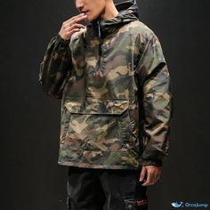 OrcaJump - Fashionable Double-faced Camouflage Jacket with Hood and Patchwork Casual Outerwear Camouflage Colors, Camouflage Jacket, Hiking Jacket, Casual Outerwear, Military Outfit, Jacket With Hood, Anorak Jacket, Jackets Online, Casual Hoodie