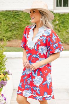 Scallop Trim Floral Dress, Red Summer Dresses With Scalloped Edges And Short Sleeves, Spring Short Sleeve Dress With Scalloped Edges, Off Shoulder Jacket, Scallop Dress, Athleisure Accessories, Scalloped Dress, Scallop Trim, Blue Door, Super Cute Dresses