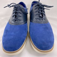 Never Worn Cole Haan Grand Os Two-Tone Fabulous Cobalt/Navy Blue Suede (Nubuck) Saddle Shoes With A White Rubber Sneaker Sole And Matching Navy Laces. Classic Blue Slip-on Oxfords, Blue Sneakers With Brogue Detailing, Blue Oxfords With Contrast Sole And Round Toe, Blue Sneakers With Contrast Sole, Classic Blue Round Toe Oxfords, Blue Suede Sneakers With Removable Insole, Blue Sneakers With Removable Insole And Plain Toe, Blue Low-top Oxfords With Rubber Sole, Classic Blue Plain Toe Sneakers