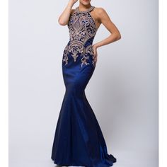 Look Glamorous In This Sexy Halter Top Mermaid Stretchy Taffeta Dress With Gold Beaded Embroidery On Bodice And Back Floor Length Color: Navy Blue