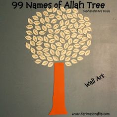 an orange tree with white leaves on it and the words 99 names of allah tree