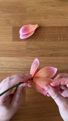 two hands are working on a flower that is being held in front of another hand