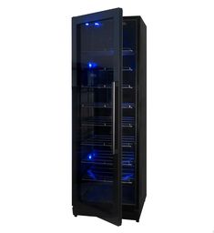 a black refrigerator with blue lights in it