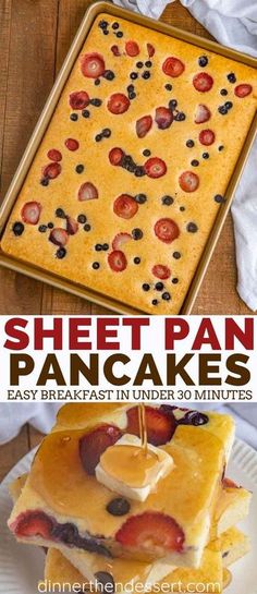 sheet pan pancakes with strawberries and blueberries on top are shown in this collage