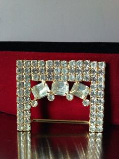 Vintage Rhinestone Belt Buckle /1980's Rhinestone Jewelry Finding /Jeweled Headress Buckle Gold Crystal Brooch For Evening, Gold Brooches With Rhinestones For Evening, Gold Crystal Brooches For Party, Gold Crystal Brooches With Bling, Vintage Gold Brooch With Bling, Gold Crystal Brooches For Formal Occasions, Gold Jeweled Brooches For Party, Gold Party Brooches With Bling, Rhinestone Belt Buckle