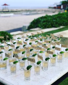 there are many small glasses with drinks on the table next to each other and place cards in them