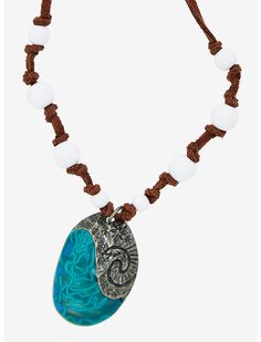 a necklace with a blue and white beaded pendant on a brown cord that has an animal charm hanging from it's center