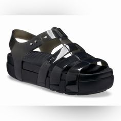 Super Cute Black Transparent Fisherman Style Sandal. Brand New. Slight Platform, Adjustable Closure, And Light-Weight. Black Platform Jelly Sandals In Synthetic, Black Platform Jelly Sandals, Black Platform Jelly Sandals In Synthetic Material, Modern Black Closed Toe Sandals, Chic Black Sandals With Translucent Outsole, Modern Black Beach Sandals, Modern Black Flat Sandals, Orange Crocs, Crocs Flip Flops