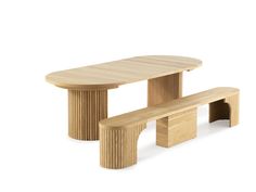 two wooden benches sitting next to each other on top of a white surface with one bench in the middle