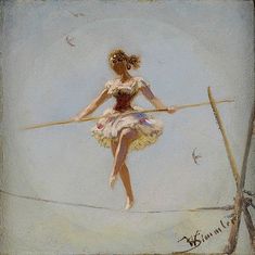 a painting of a woman balancing on a rope