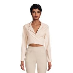 Wow-worthy! Rich and Famous' Wrap Jacket Top certainly makes a statement. This cropped top, in a buttery faux leather, looks like a jacket, but wears like a top with notch lapels and a flattering wrap style. The unique, belt back is adjustable so you can get your fit just right. Pair it with the matching faux leather pants (sold separately) and prepare to slay the day. Size: M.  Color: Off-White.  Gender: female.  Age Group: adult. Spring Workwear Cropped Faux Leather Jacket, Chic Faux Leather Cropped Jacket For Spring, Chic Spring Cropped Faux Leather Jacket, Fitted Faux Leather Cropped Jacket For Spring, Chic Spring Faux Leather Cropped Jacket, Chic Fitted Cream Cropped Jacket, Chic Fitted Faux Leather Crop Top, Slay The Day, Rich And Famous