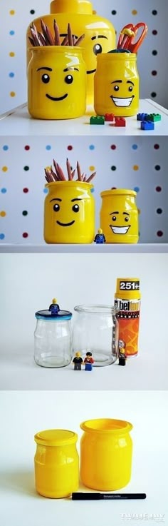 three yellow containers with different faces on them