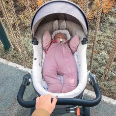 a person pushing a stroller with a sleeping baby in it's back seat