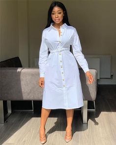 Material: COTTONMaterial: PolyesterModel Number: 2019 New Women Shirt Dress Long Sleeve V-neck ButtonsDecoration: ButtonSeason: AutumnWaistline: empireStyle: Office LadySilhouette: LooseSleeve Length(cm): FullPattern Type: SolidNeckline: V-NeckSleeve Style: REGULARDresses Length: Knee-Length Kumasi Ghana, Elegant Shirt Dress, Shirt Collar Styles, Accra Ghana, Mid Calf Skirt, Linen Shirt Dress, Perfect Prom Dress, Solid Color Shirt, Long Shirt Dress