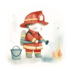 a watercolor painting of a fireman with a bucket and hose