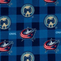 a blue and red plaid with white stars on it that has an image of hockey logos