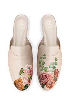 Painted Heels, Hand Painted Heels, Beige Mules, Eden Garden, Scarf Ideas, Black Slides, Romantic Colors, Hand Painted Leather, Painting Leather