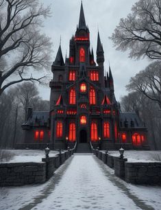 a large building with red lights on it's windows in front of some trees