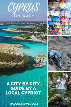 a collage of photos with the words cyprus itinerary in white and blue