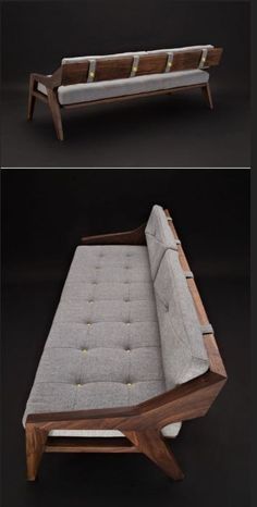 two different views of a couch with buttons on the armrests and back cushions