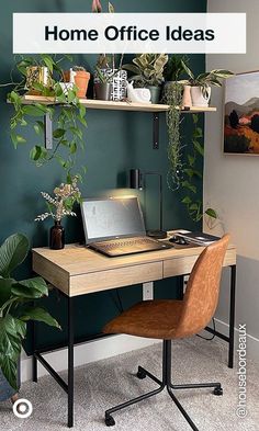 a home office desk with plants on it and the words, how to decorate your home office