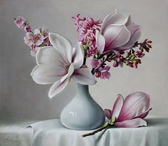 a painting of pink flowers in a white vase