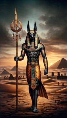 an egyptian god holding a staff in front of the pyramids