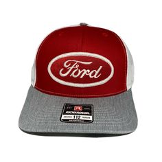 Hat Features Red And White Embroidered Oval Ford Logo Patch On A Red / White / Heather Gray Mesh Back Premium Richardson 112 Snapback Trucker Hat Structured, Six-Panel, Mid-Profile 60/40 Cotton/Polyester, 100% Polyester Mesh Back Pre-Curved Contrast Stitched Visor Classic Ford Script Logo Embroidered Patch Underbill Matches The Color Of Visor All Hats Are Packed In A Poly Bag And Shipped In A Box For Protection. If You Have Any Questions Please Let Me Know/ Classic Red Hat With Embroidered Logo, Classic Red Trucker Hat, Classic Red Snapback Hat With Curved Brim, Red Trucker Hat With Embroidered Logo And Flat Brim, Classic Red Snapback Cap, Red Trucker Hat With Embroidered Logo, Red Trucker Hat With Embroidered Logo Visor, Red Visor Hat With Embroidered Logo, Red Embroidered Logo Visor Hat