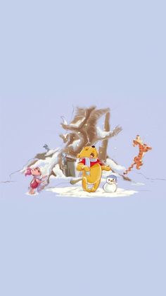 winnie the pooh and friends are playing in the snow with each other on a snowy hill